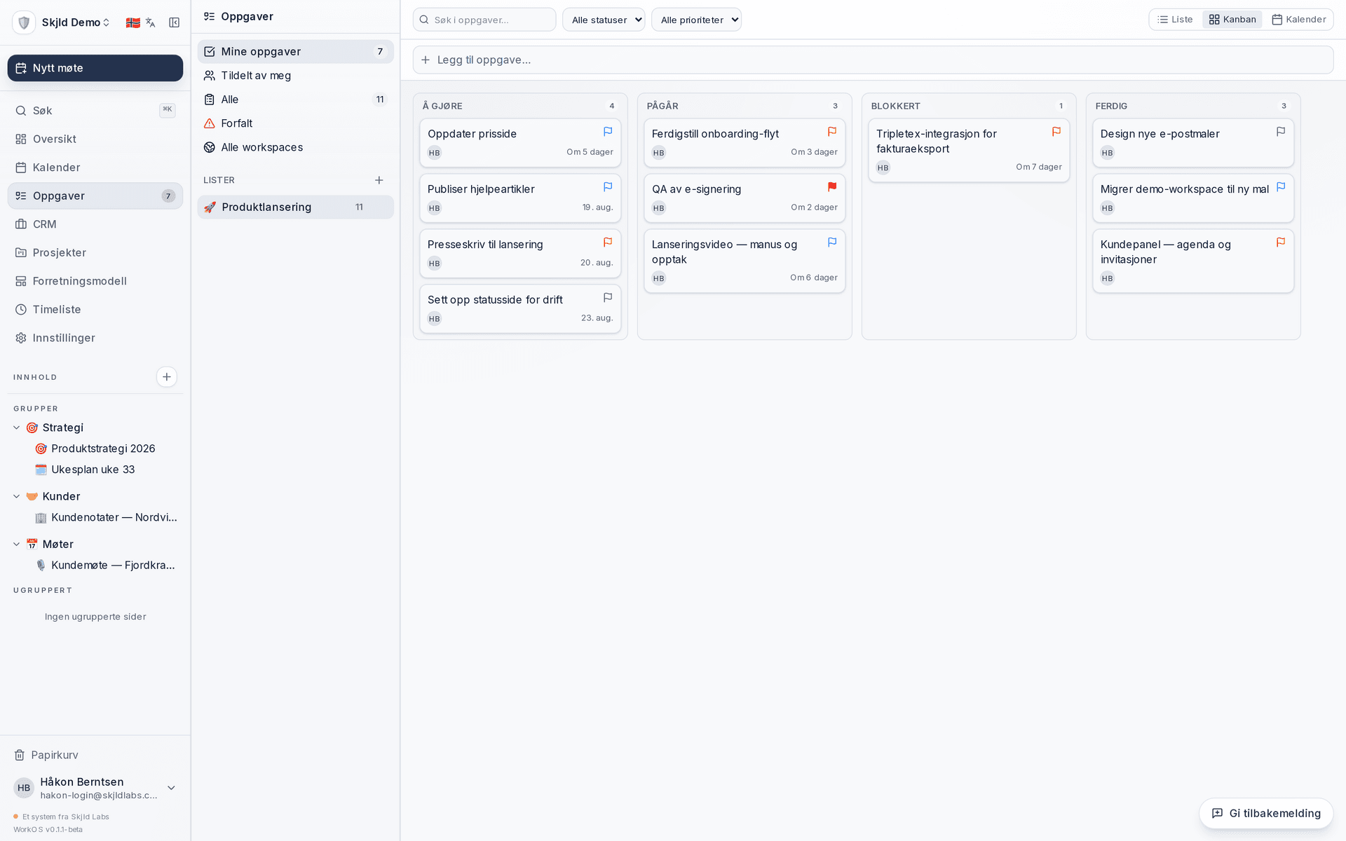 Skjermbilde av prosjekt-tavlen for WorkOS Landing-redesign — oppgaver fordelt på kolonnene Å gjøre, Pågår, Blokkert og Ferdig, med prioritetsflagg og kommentar-indikatorer