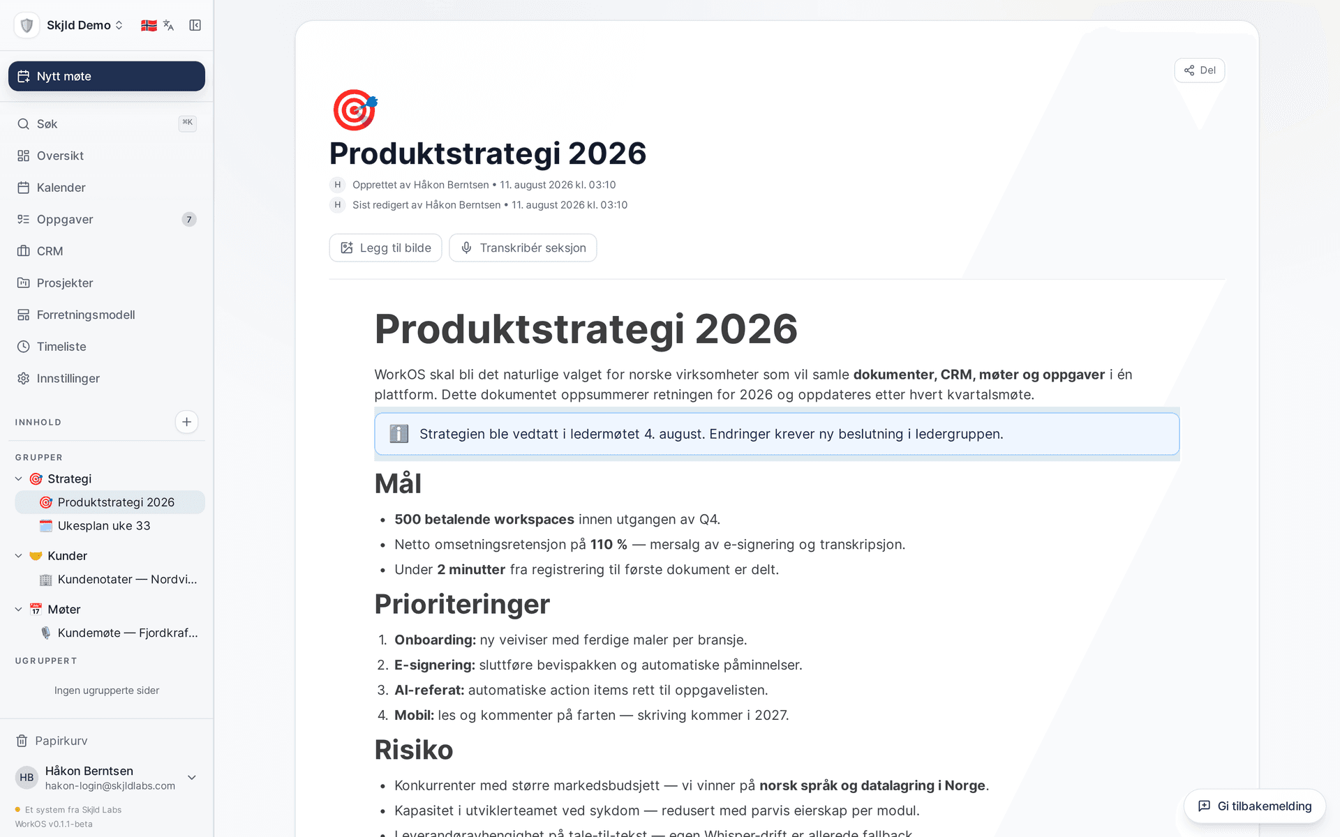 Dokument i WorkOS med arbeidsrom-struktur i sidefeltet