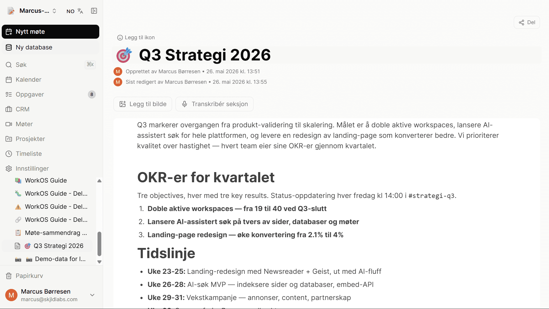 Screenshot of WorkOS — sidebar with workspace structure and an open page with rich block-based content