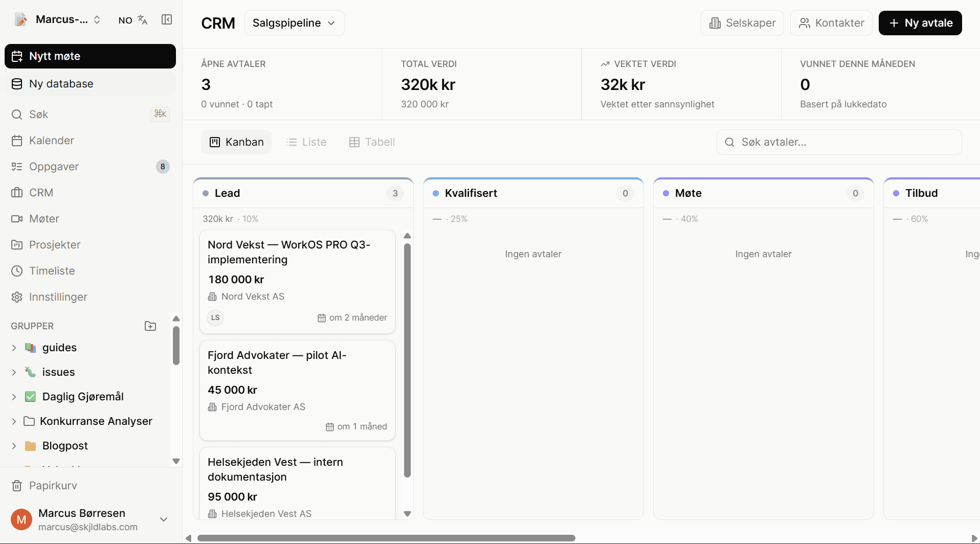 Screenshot of a CRM deal page in WorkOS — related notes and meetings visible in sidebar, agent activity in timeline